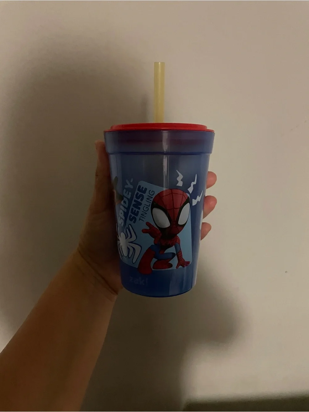 Marvel Spider-Man Blue Cup with Red Lid and Yellow Straw